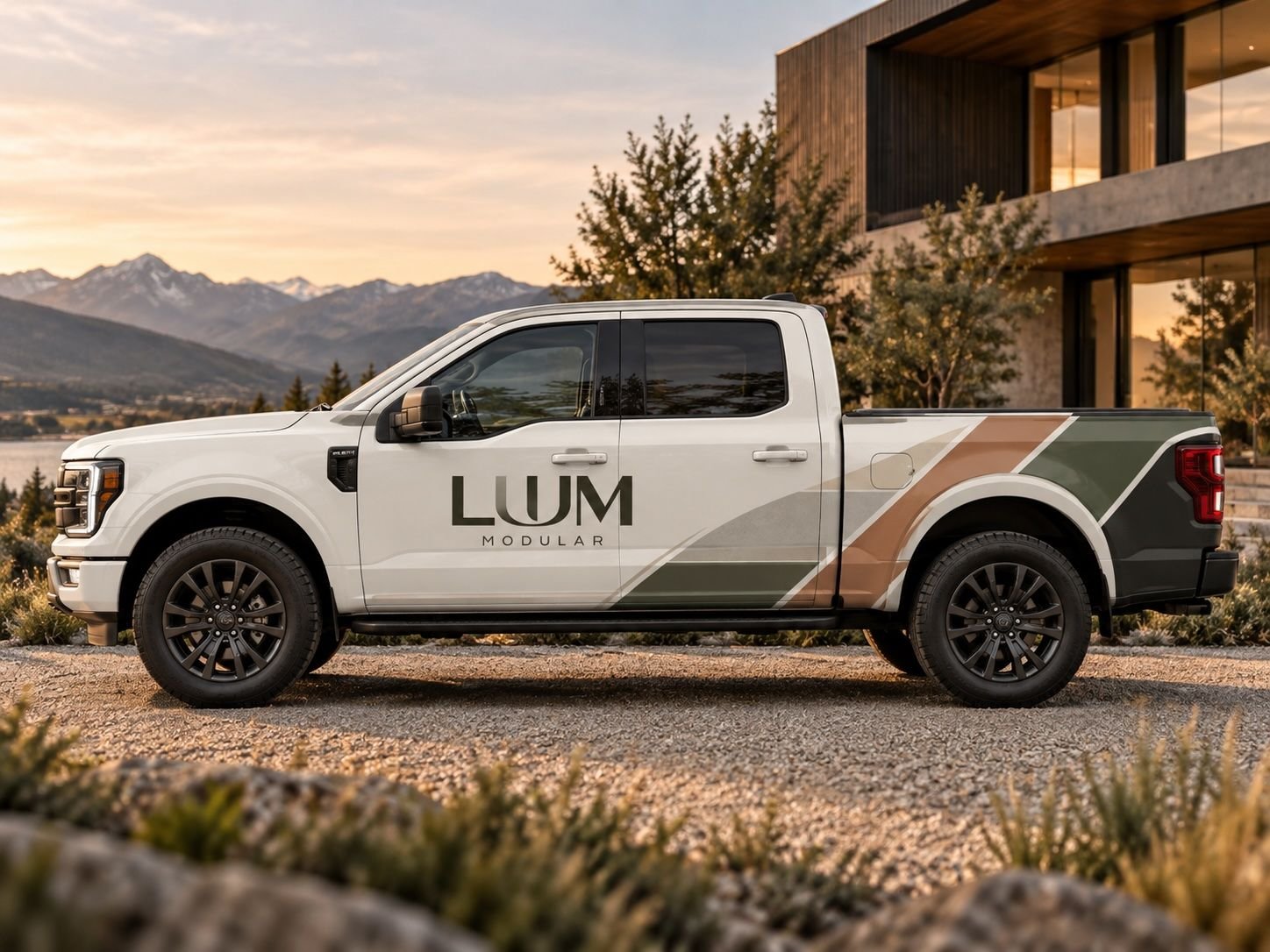 Luum Modular truck beside a finished home above a lake at sunset